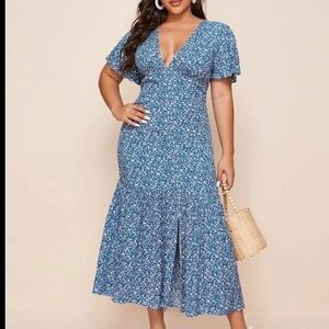 Plunging v flounce sleeve slit hem floral dress